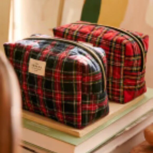 NWT Sezane  quilted Toiletry Bag - red and blue tartan print- holiday theme - Picture 2 of 4